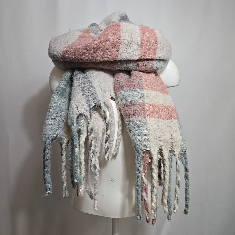 Anthropologie Pink Blue Plaid Blanket Scarf 74 X 21 W/ Fringe Stole Wrap Shawl